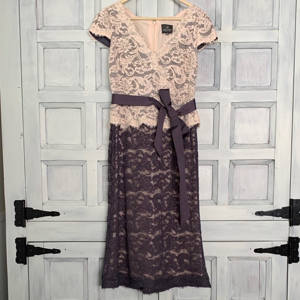 Adrianna Papell Lace Midi Dress in Cream and Purple